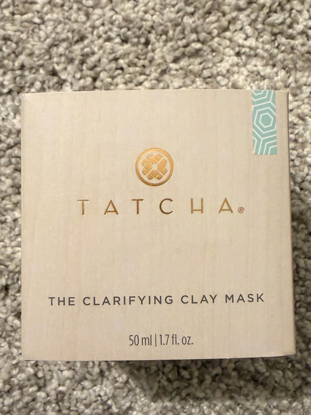 Tatcha Clarifying Clay Mask Cream Box with Gold Logo and Teal Accent